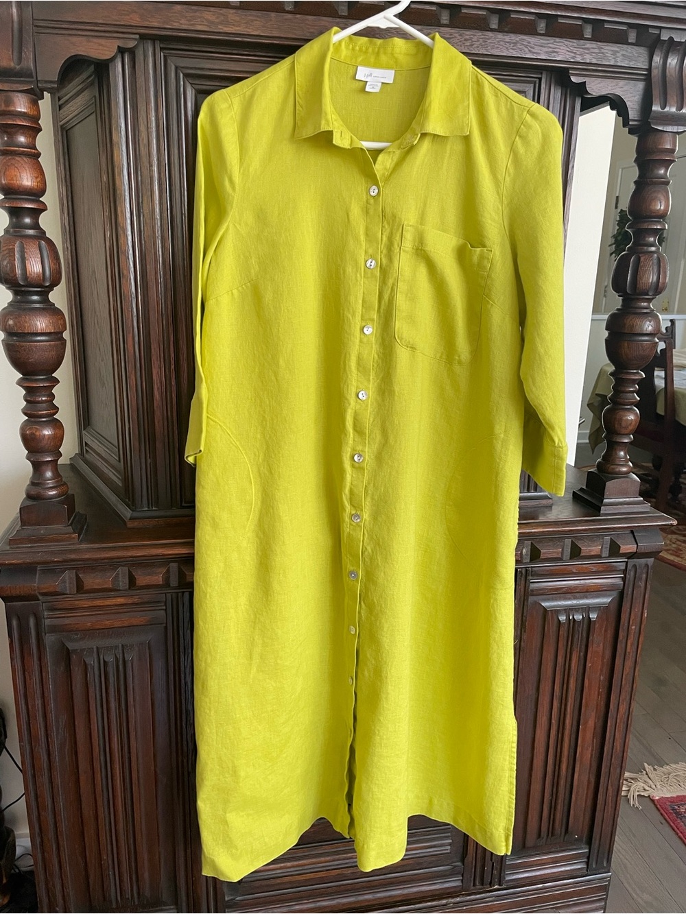 J. Jill Chartreuse Green Linen Button-Front Midi Dress